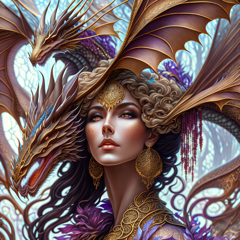 Illustrated woman adorned with golden jewelry next to dragon in fantasy setting