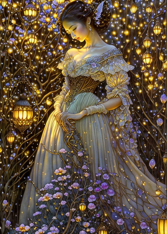 Woman in elegant gown surrounded by glowing lanterns and twinkling lights in nature setting