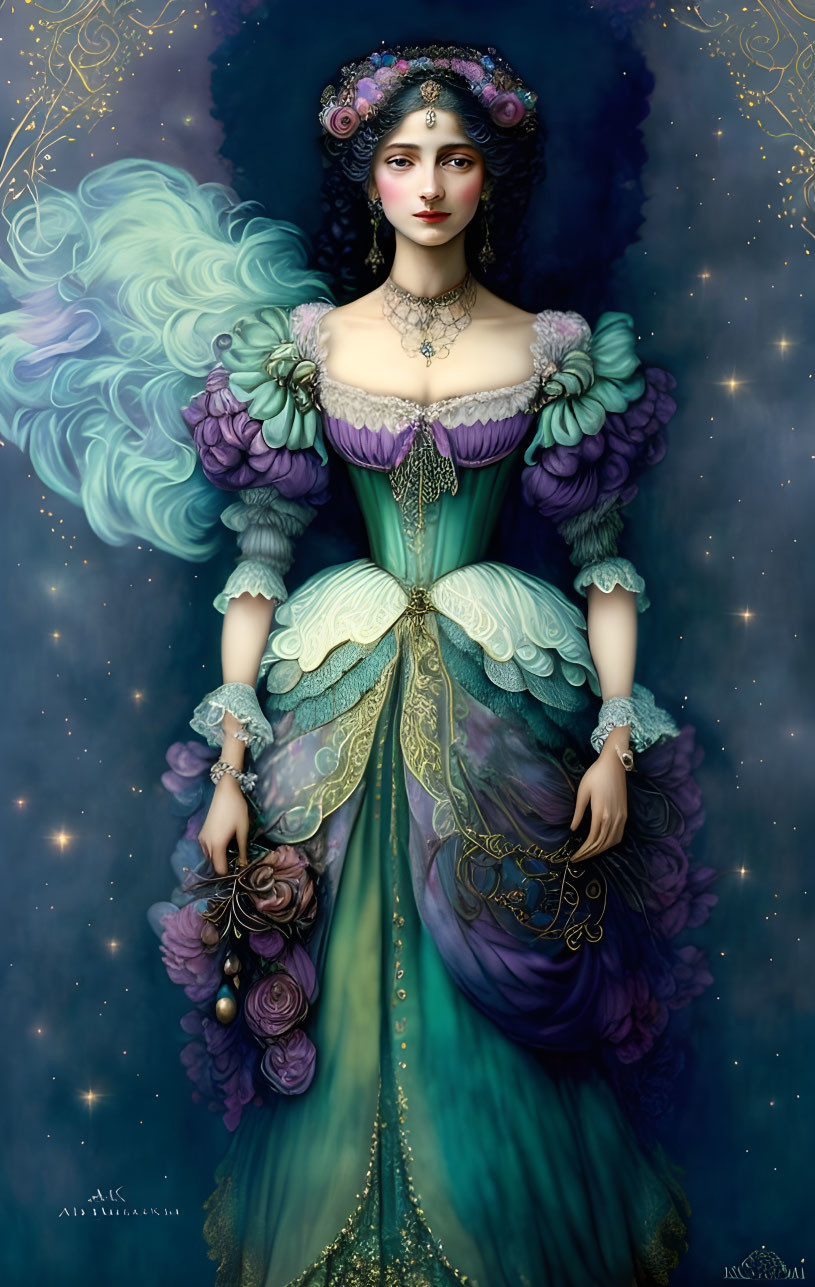 Detailed Victorian-style gown with purple and green hues on an illustrated woman