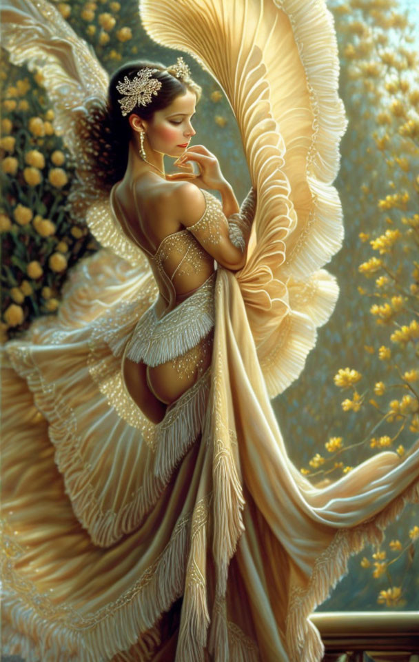 Woman in golden dress and wings surrounded by yellow flowers