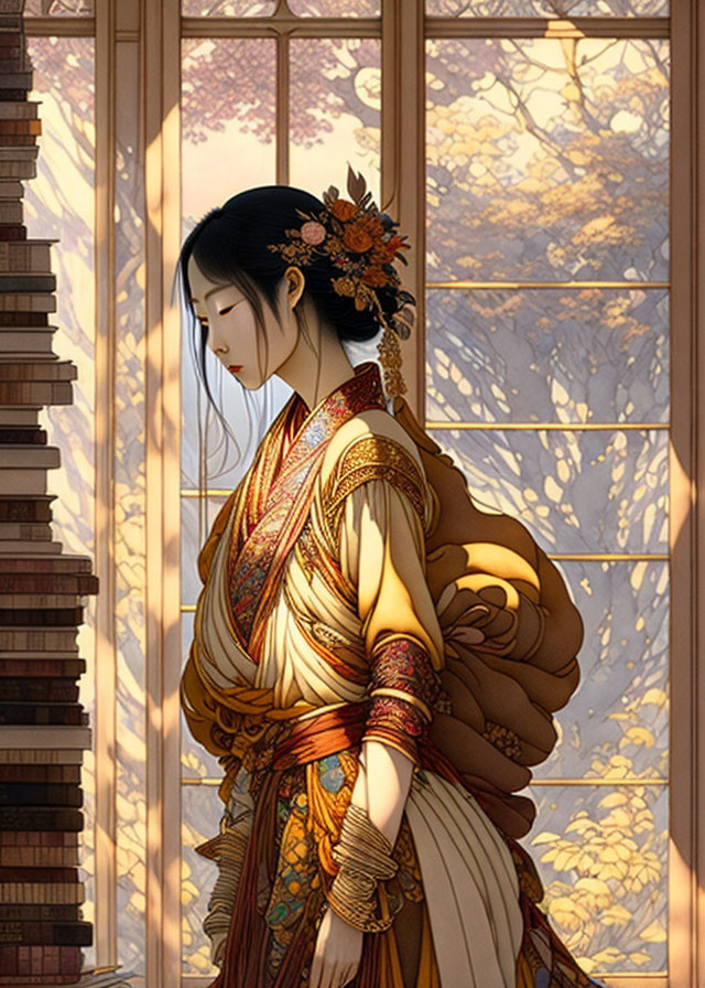 Traditional Japanese attire woman near window with autumn leaves