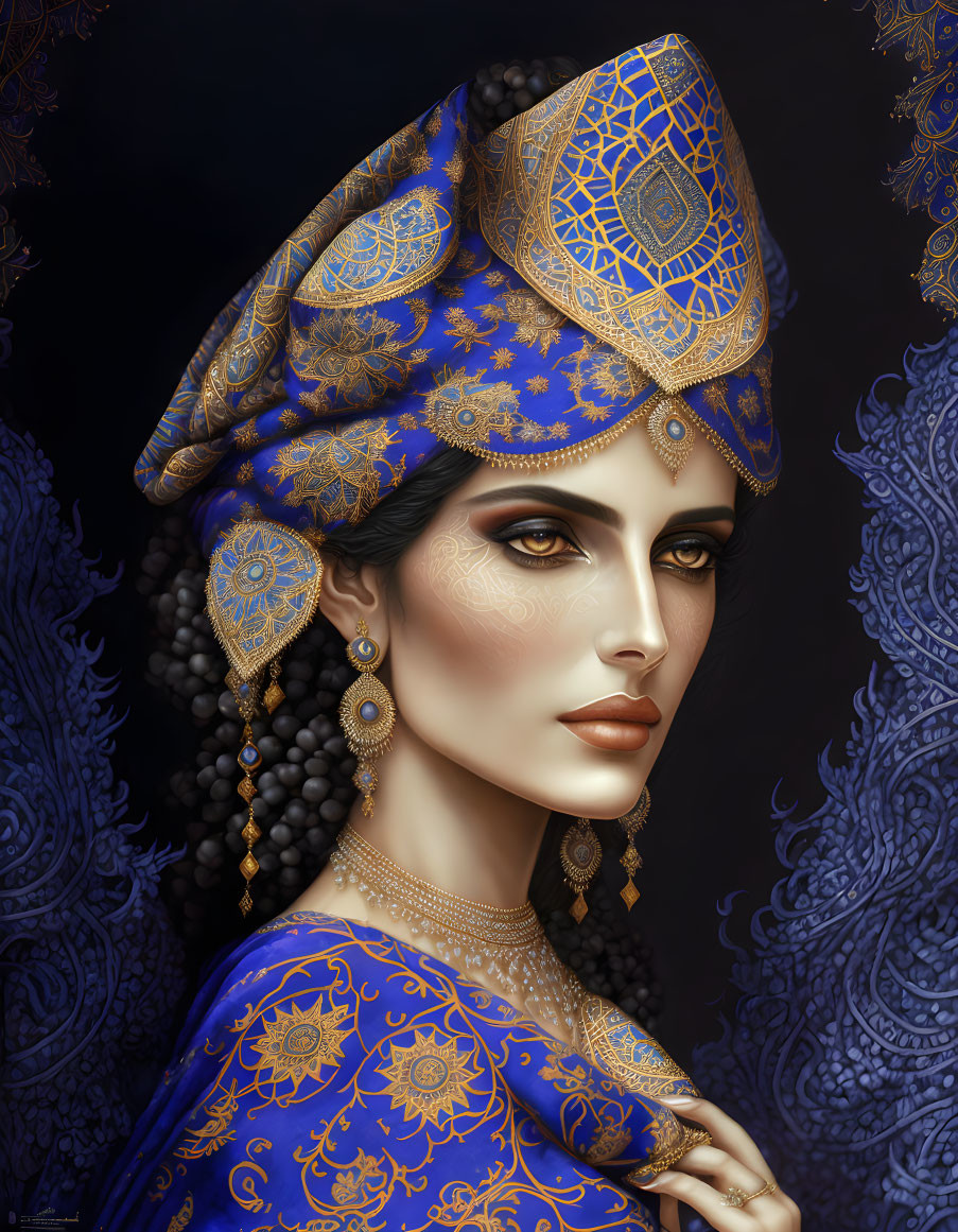 Illustrated portrait of woman in blue and gold headdress with intricate background.