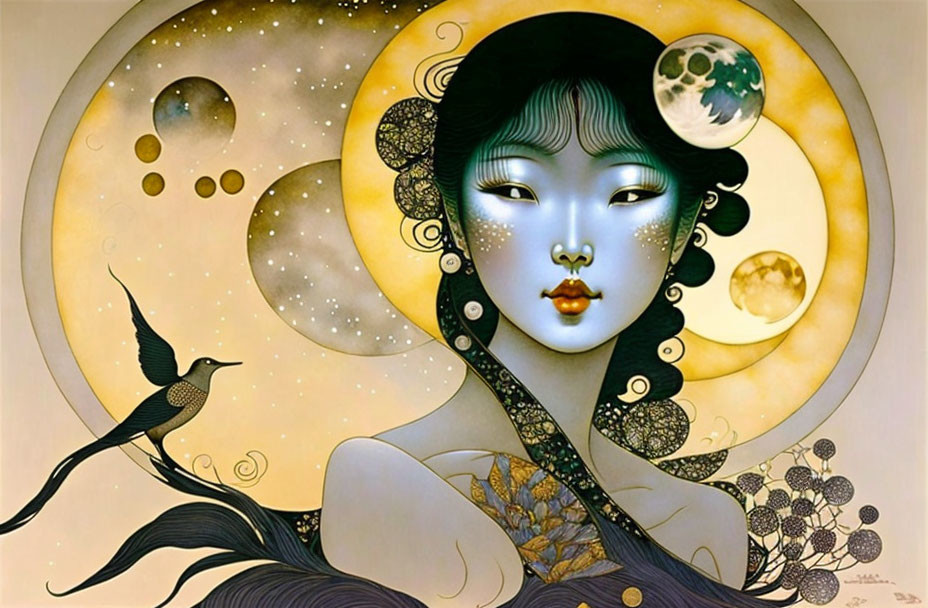 Blue-skinned woman with celestial moons, bird, and golden whimsical setting.