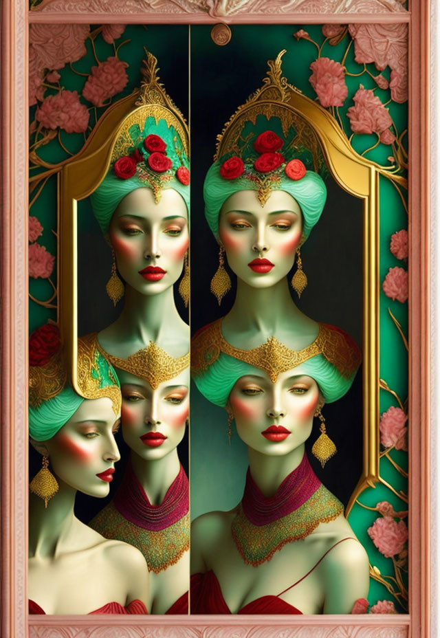 Four stylized female figures with elaborate headdresses and floral motifs.
