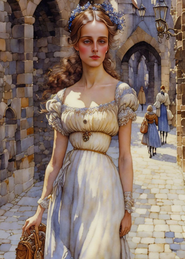 Historical woman in diadem on cobblestone street with period bystanders