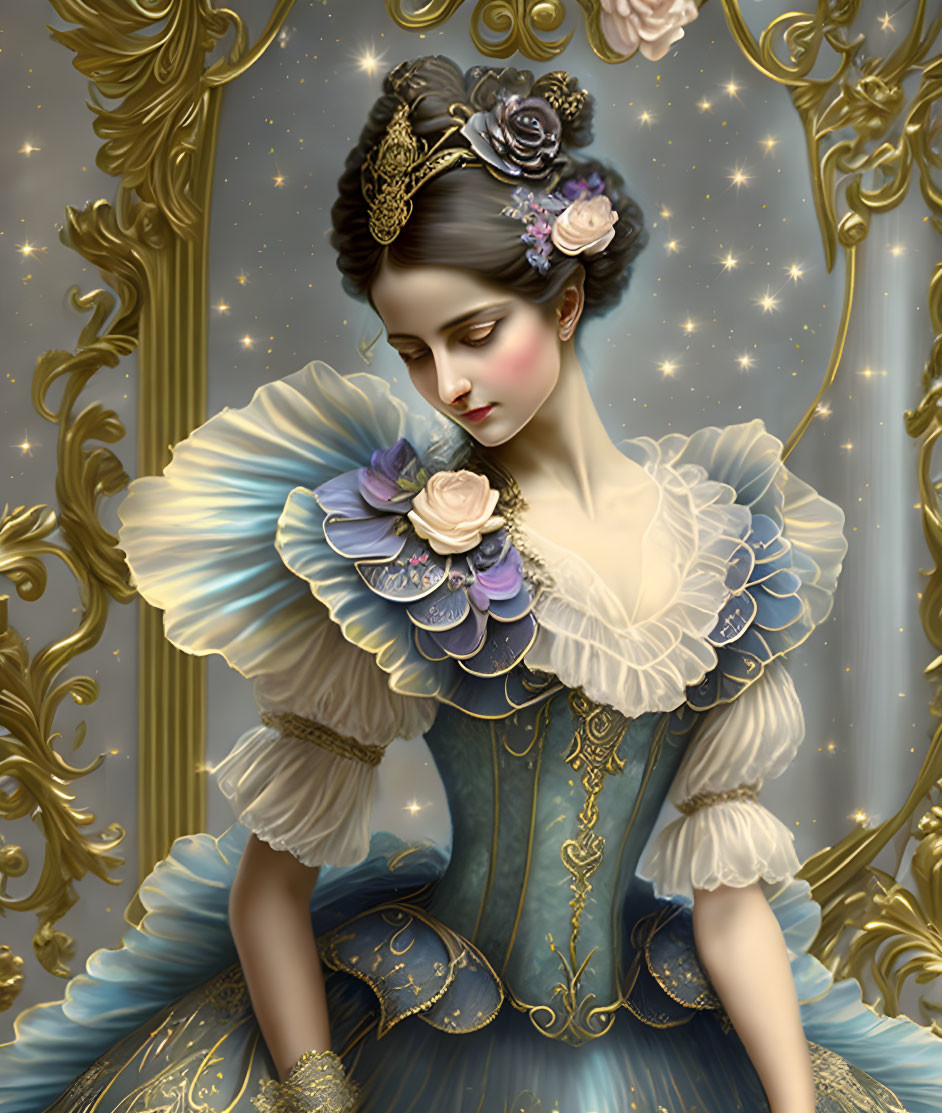 Victorian woman in blue and gold dress with ornate hair accessories in front of golden mirror