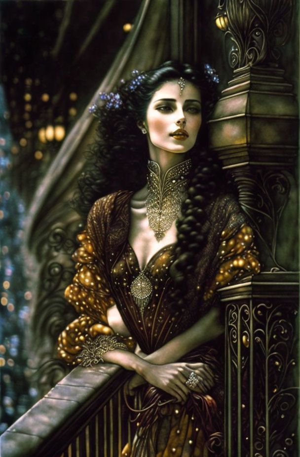 Illustrated woman in brown corseted gown on ornate balcony with braid and headpiece