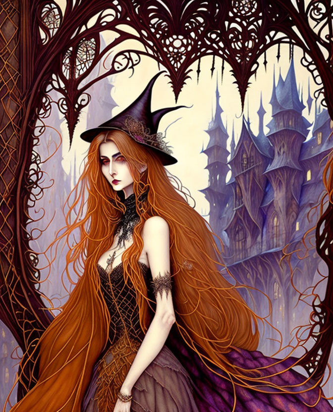 Illustration of woman with red hair in gothic dress at fantasy castle