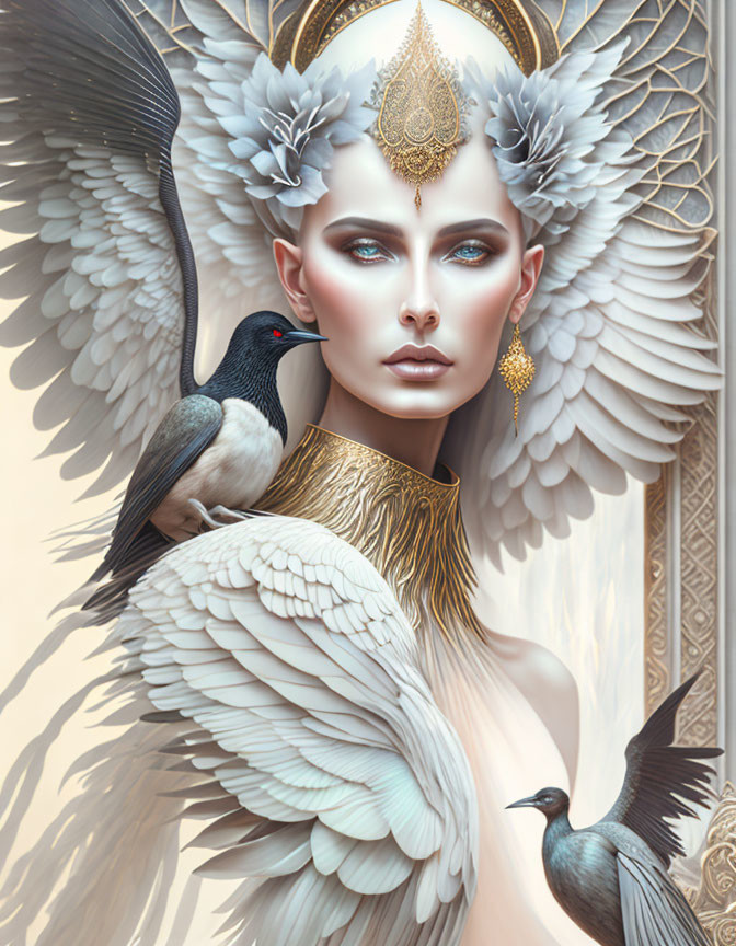 Ethereal figure with white plumage, golden adornments, and serene birds