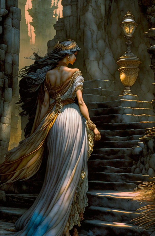 Woman in flowing gown on stone stairs with ornate lamp in fantasy setting