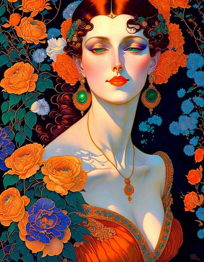 Stylized portrait of a woman with pale skin, dark hair, adorned with orange flowers, green