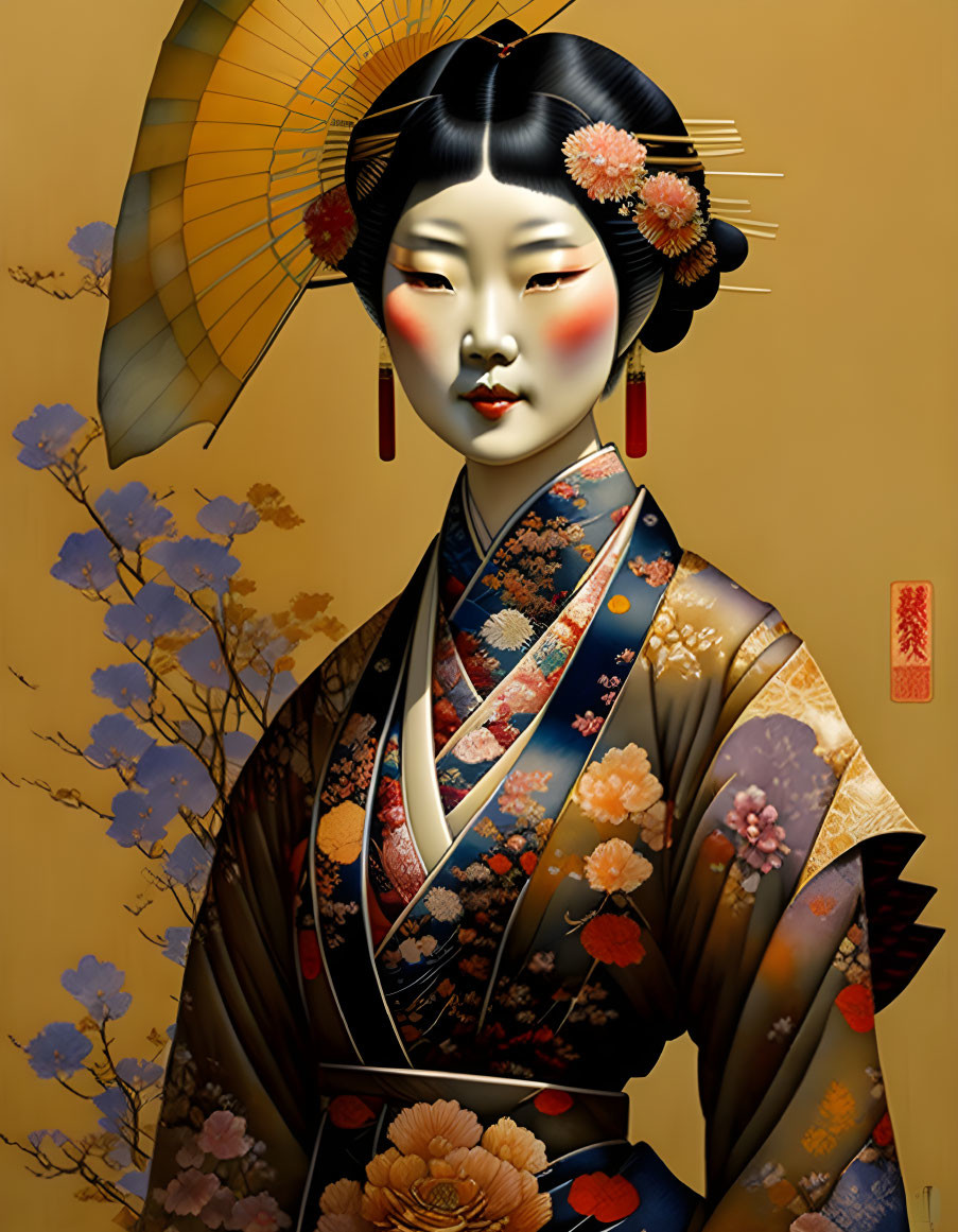 Illustration of Traditional Japanese Geisha in Kimono with Parasol