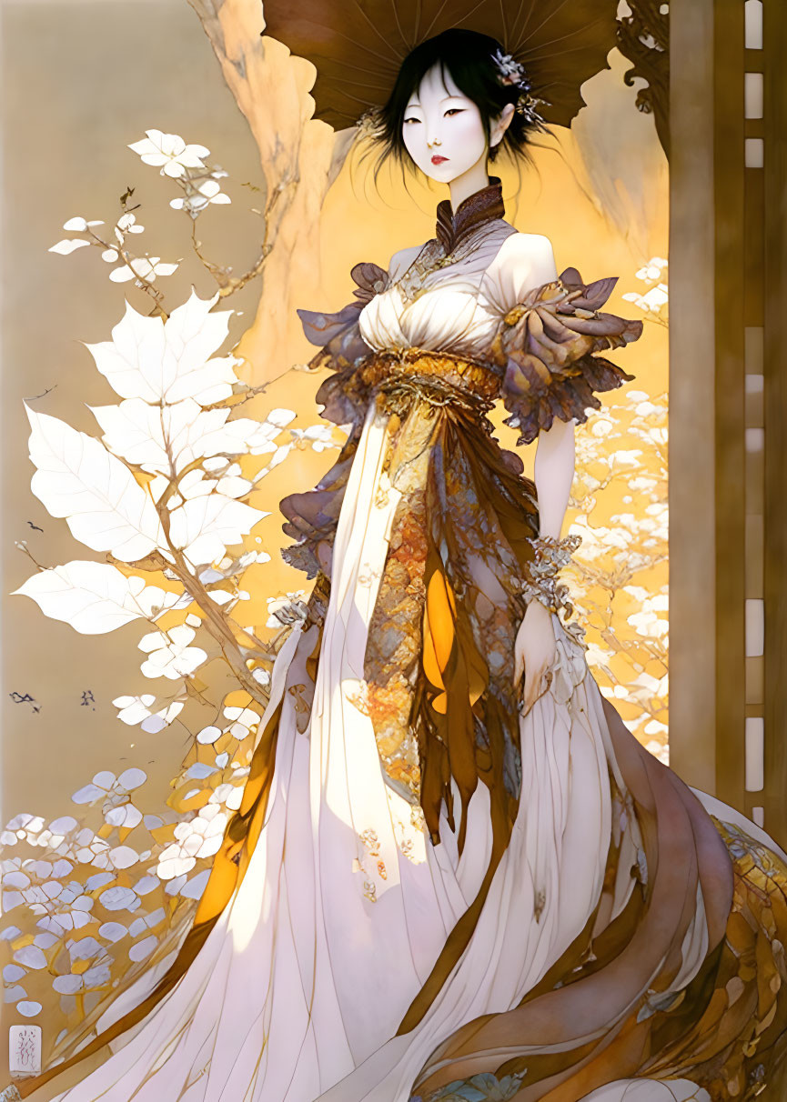 Illustration of elegant woman in ornate dress with autumn leaves and white flowers next to wooden structure