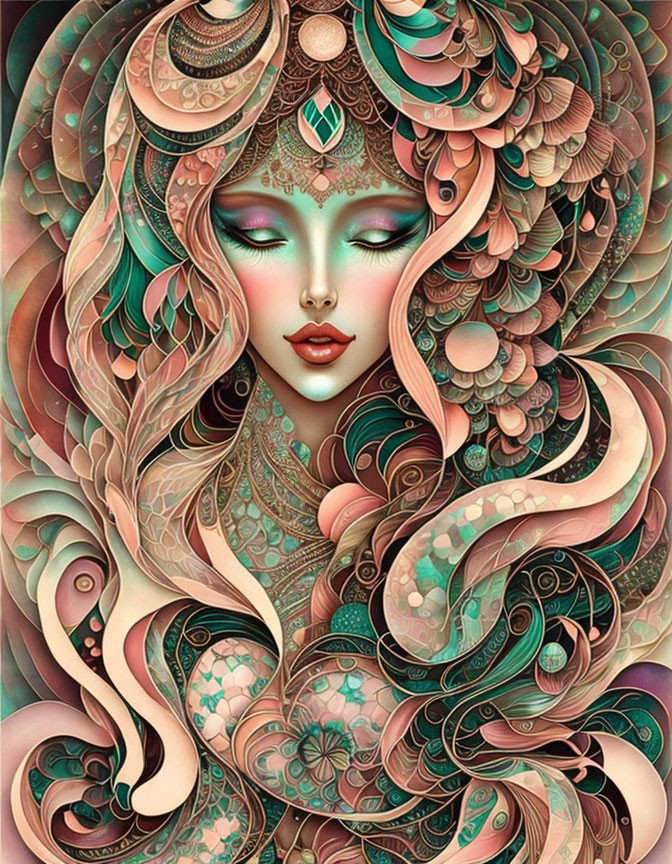 Detailed Colorful Illustration of Woman with Ornate Hair and Swirl Patterns