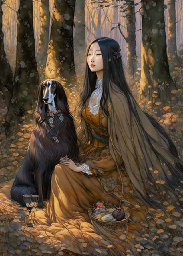 Illustrated woman in yellow dress with black dog in autumn forest.