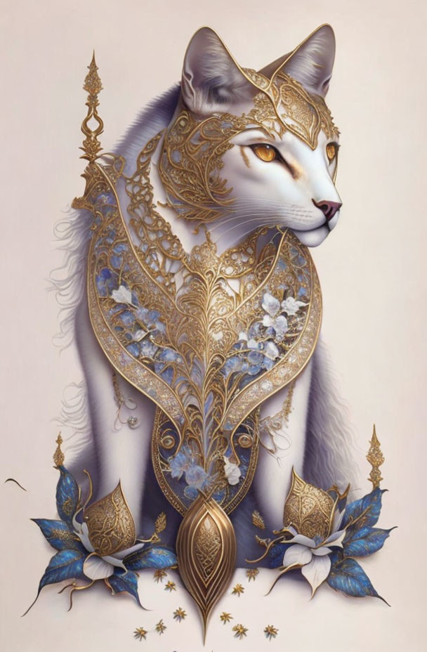 Golden embellished cat with blue flowers on pale background