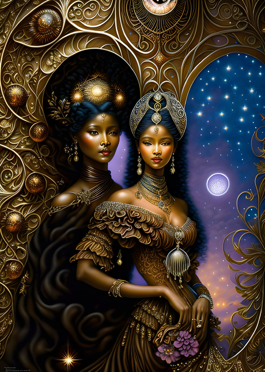 Stylized women with elaborate hairstyles in cosmic setting