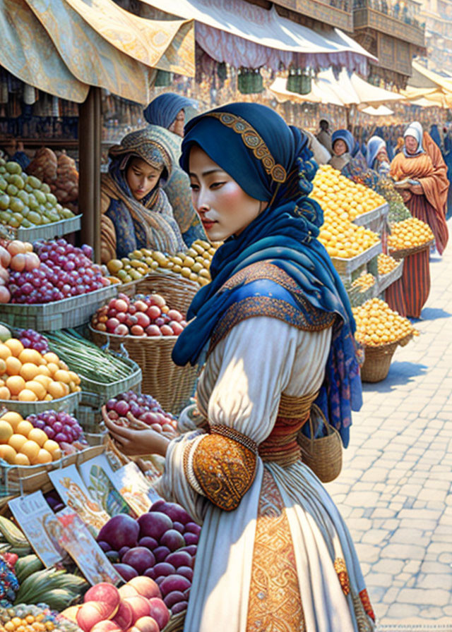 Traditional Attired Woman at Busy Fruit Market