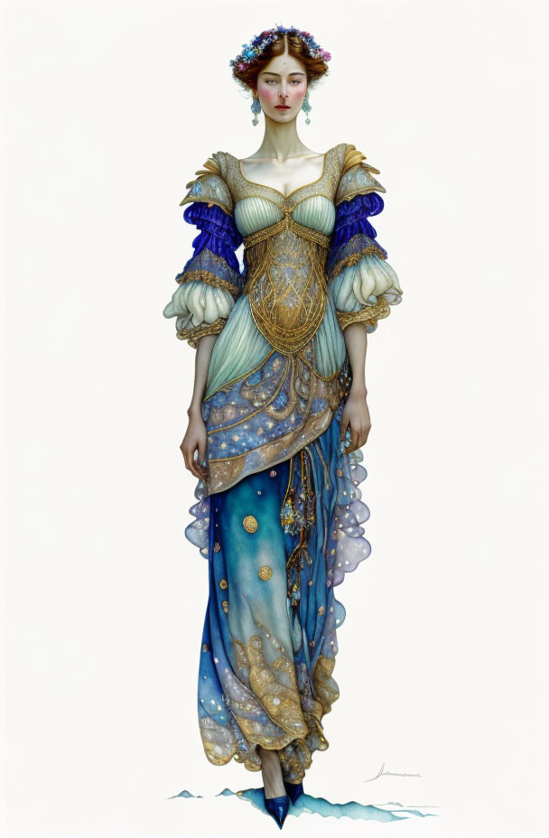 Fantasy-inspired costume with blue and gold accents and floral crown