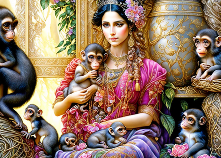 Woman in vibrant traditional attire with monkeys against ornate background