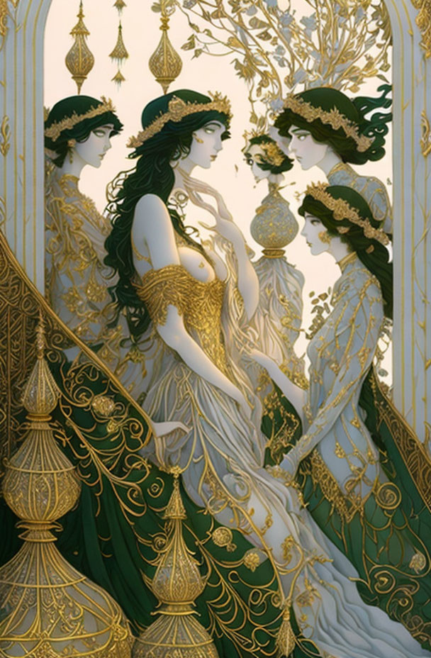 Three figures in ornate golden outfits among pillars and lamps.