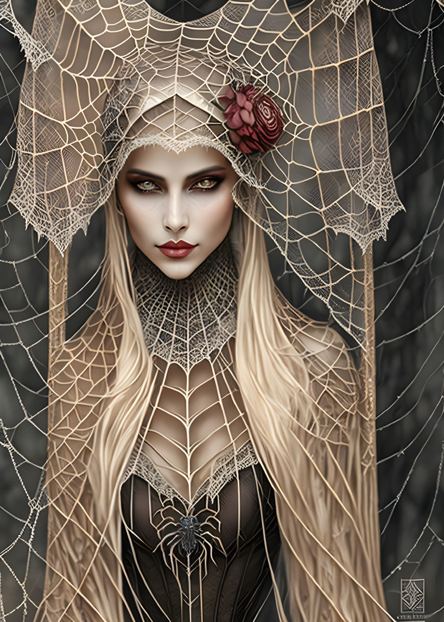 Pale woman with blonde hair in cobweb veil and spider-themed accessories.