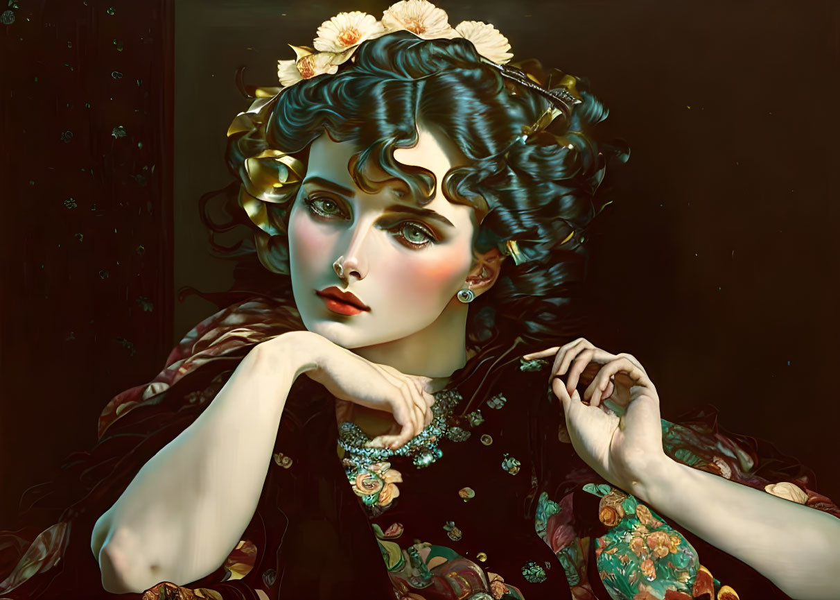 Digital artwork featuring woman with floral hair and elegant jewelry