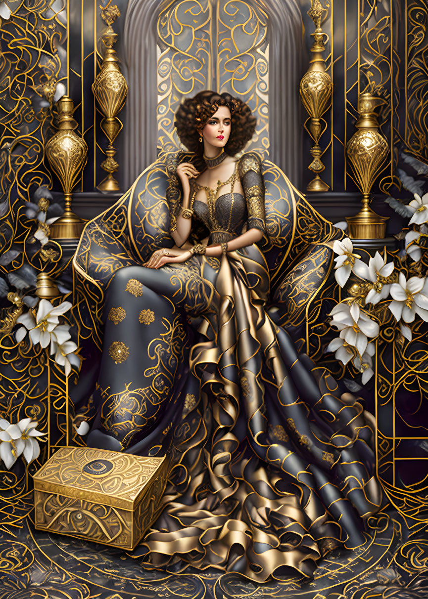 Regal woman in gold and black gown on luxurious throne