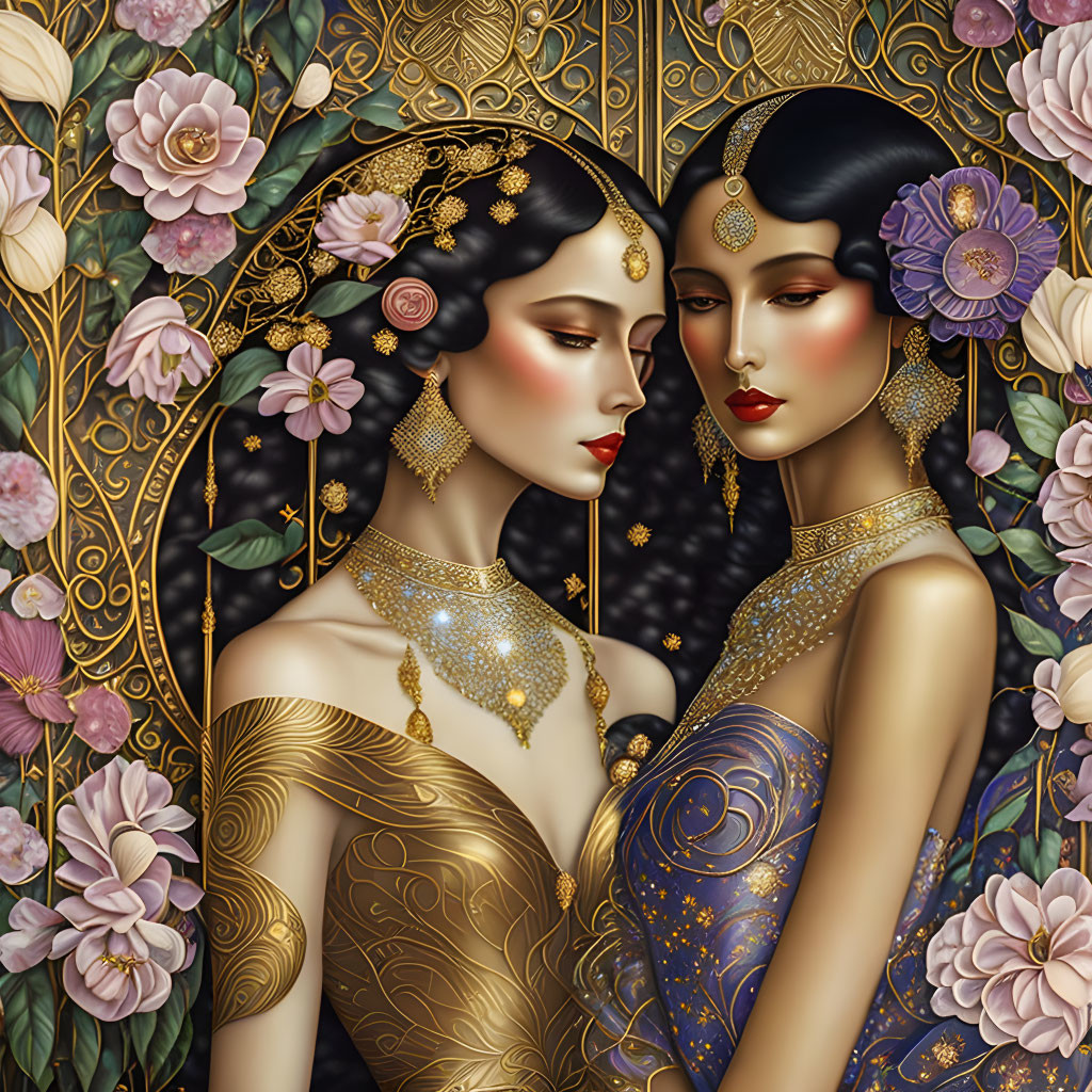 Illustrated women in gold attire with intricate jewelry on floral geometric background