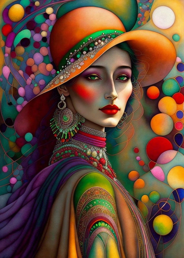 Colorful illustration of woman with green eyes and red lips in ornate headwear