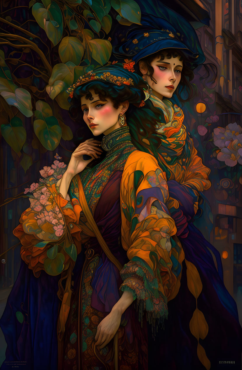 Two women in colorful period attire with elaborate hats against autumn foliage.