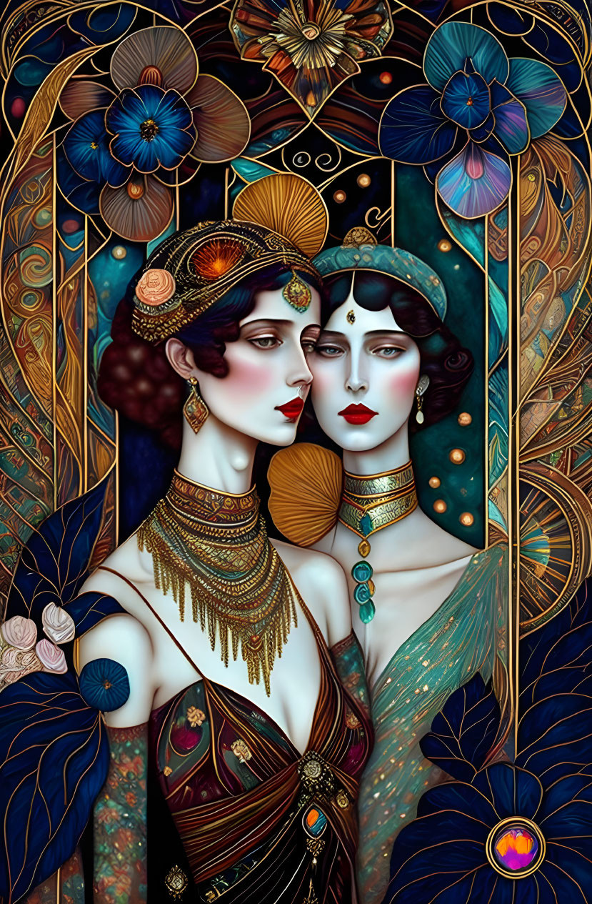 Art Nouveau Style Illustration of Two Women with Elaborate Hairstyles and Jewelry