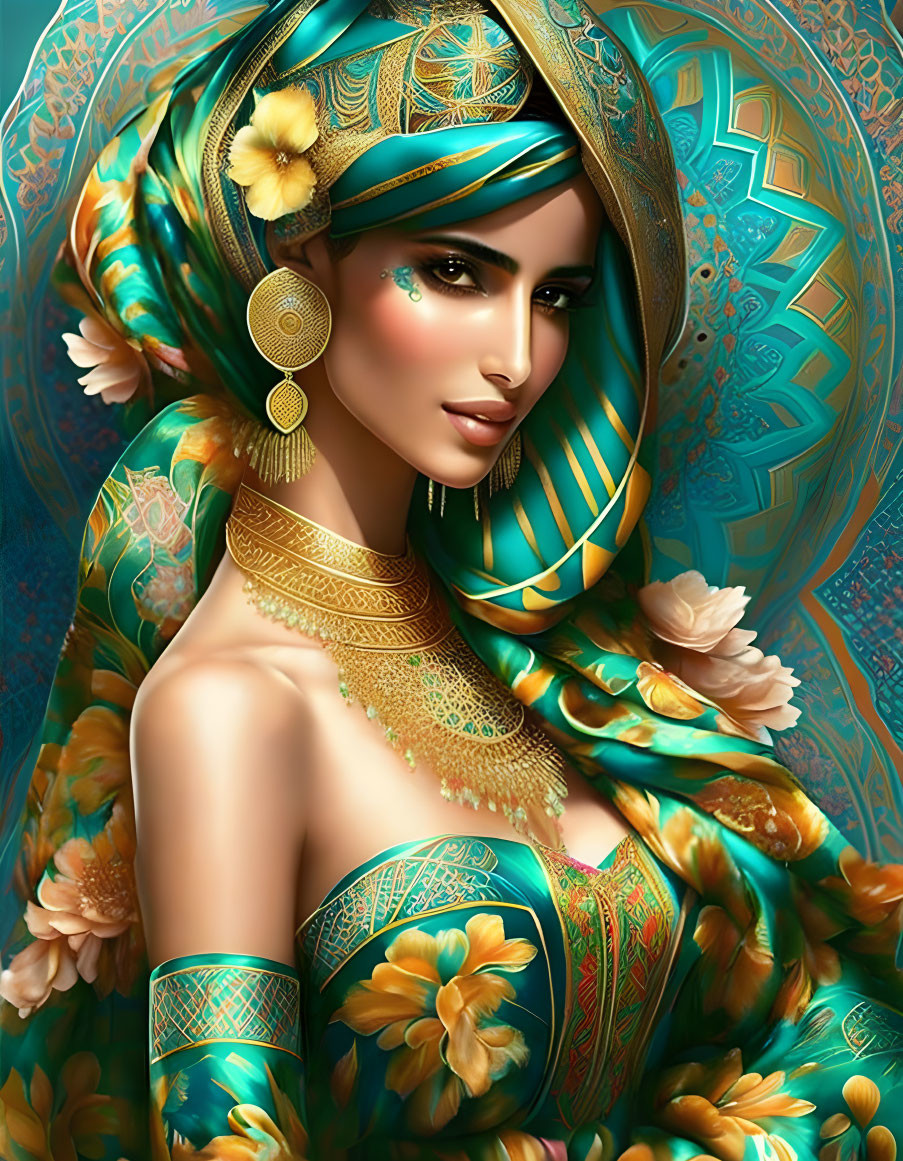 Digital Artwork: Woman in Teal and Gold Attire with Headscarf and Jewelry