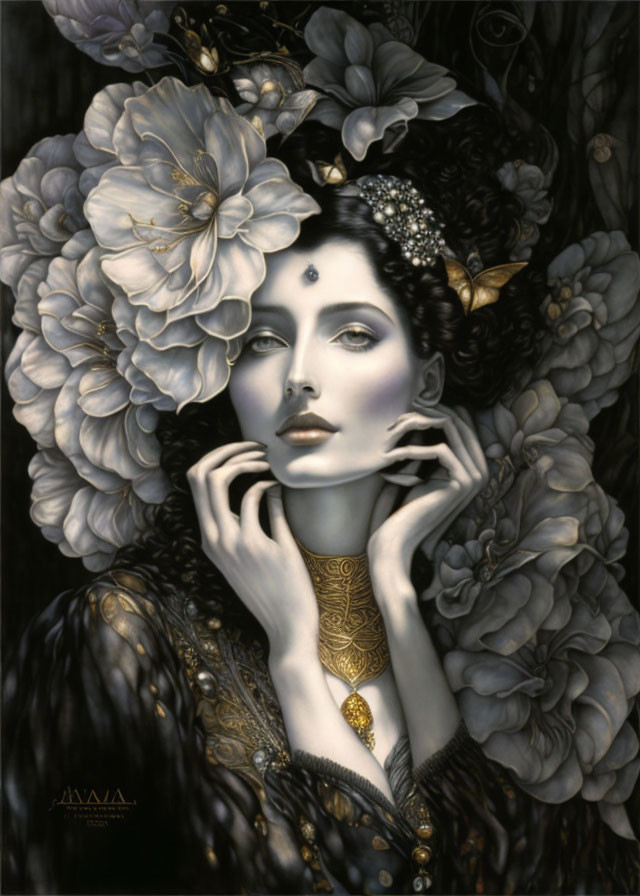 Ethereal woman with white flowers, gold jewelry, and feathered garment