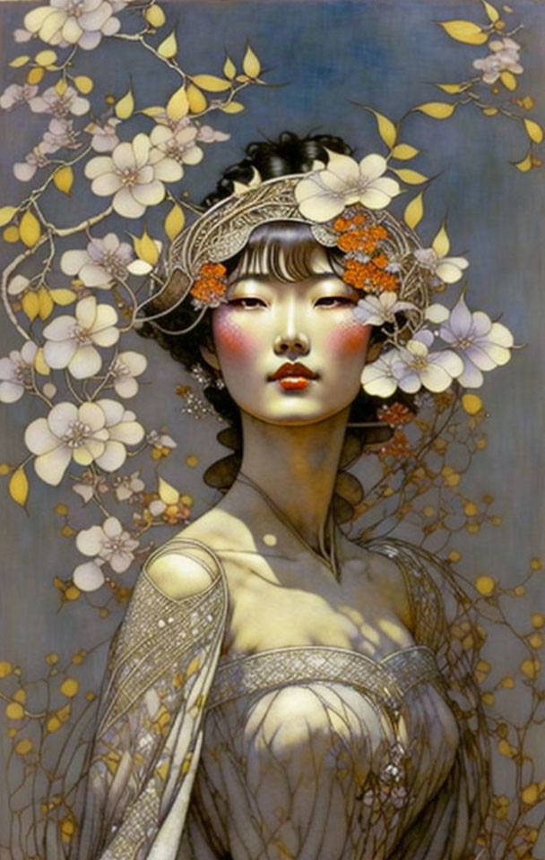 Elegant Asian woman with flower headpiece in delicate blossom setting