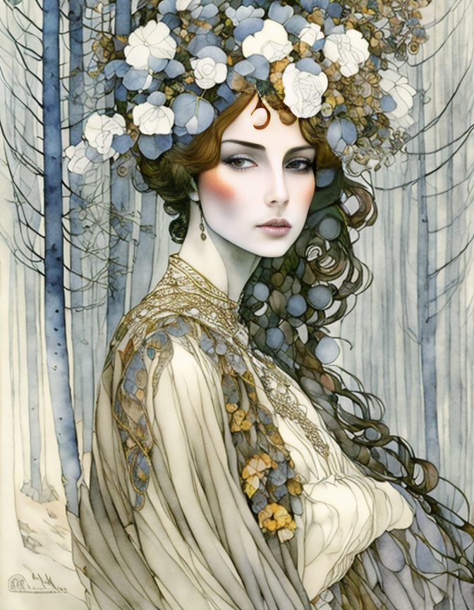 Woman with Dark Hair and White Flowers in Golden Garment Against Tree Backdrop