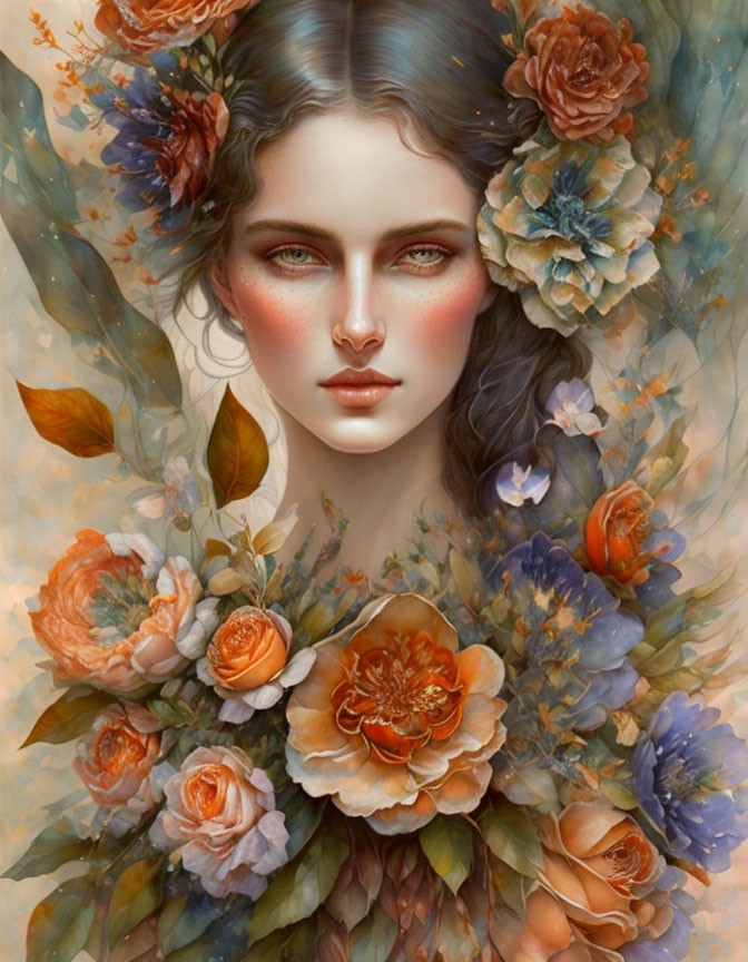 Portrait of Woman with Green Eyes and Floral Arrangement