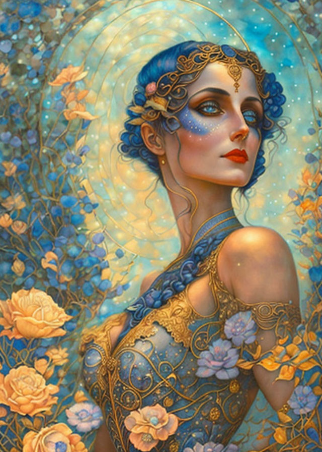 Fantasy illustration: Woman with blue flowers, golden jewelry, luminous halo, pink roses