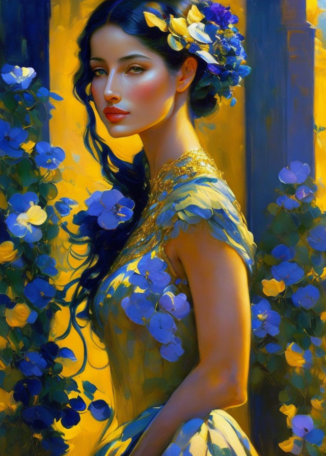 Portrait of Woman with Dark Hair and Blue Flower Adornments in Yellow Dress