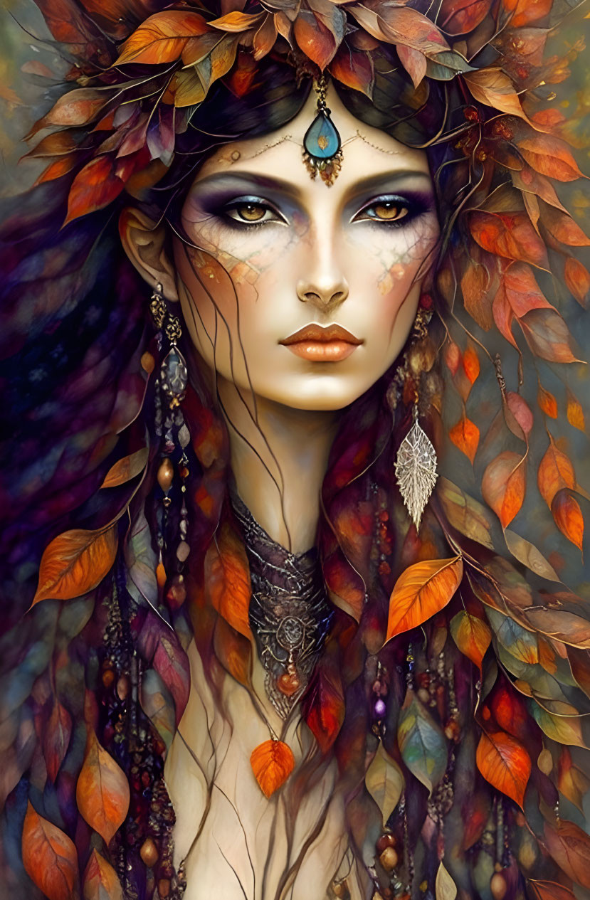 Portrait of mystical woman with autumn leaves crown and ethereal aura