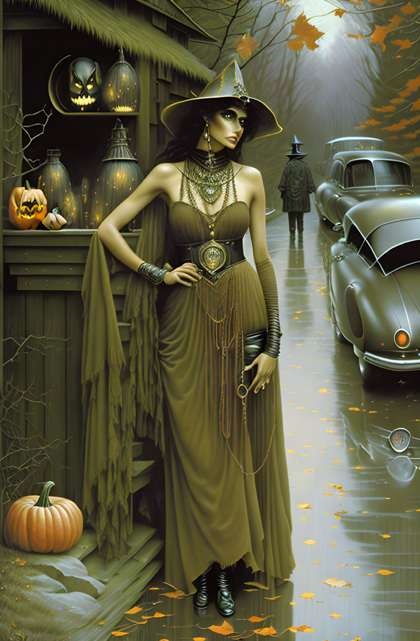 Woman in witch costume near pumpkin, vintage car, autumn leaves, and figure in coat.