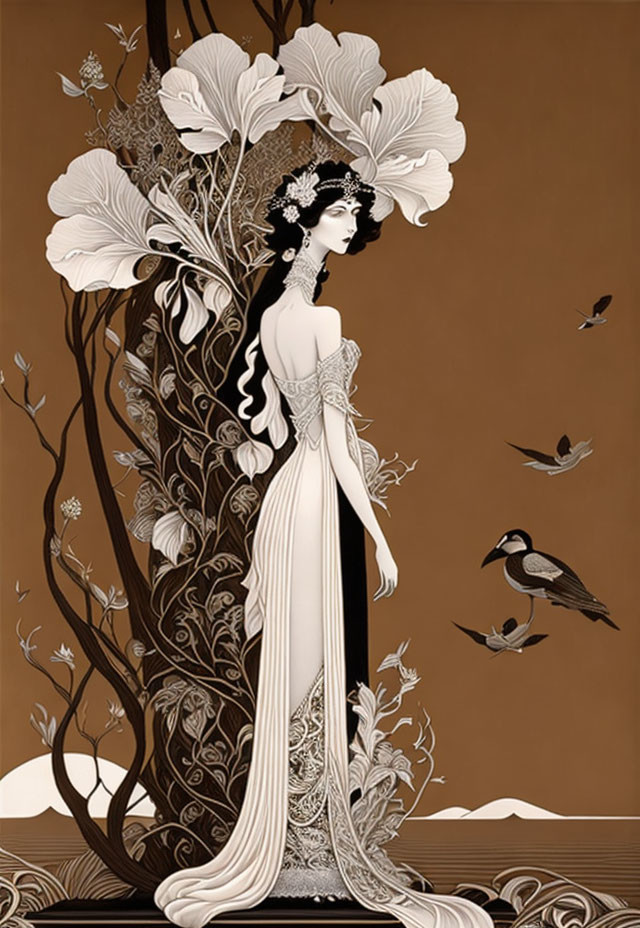 Stylized woman in ornate white gown with flowers and birds on sepia background