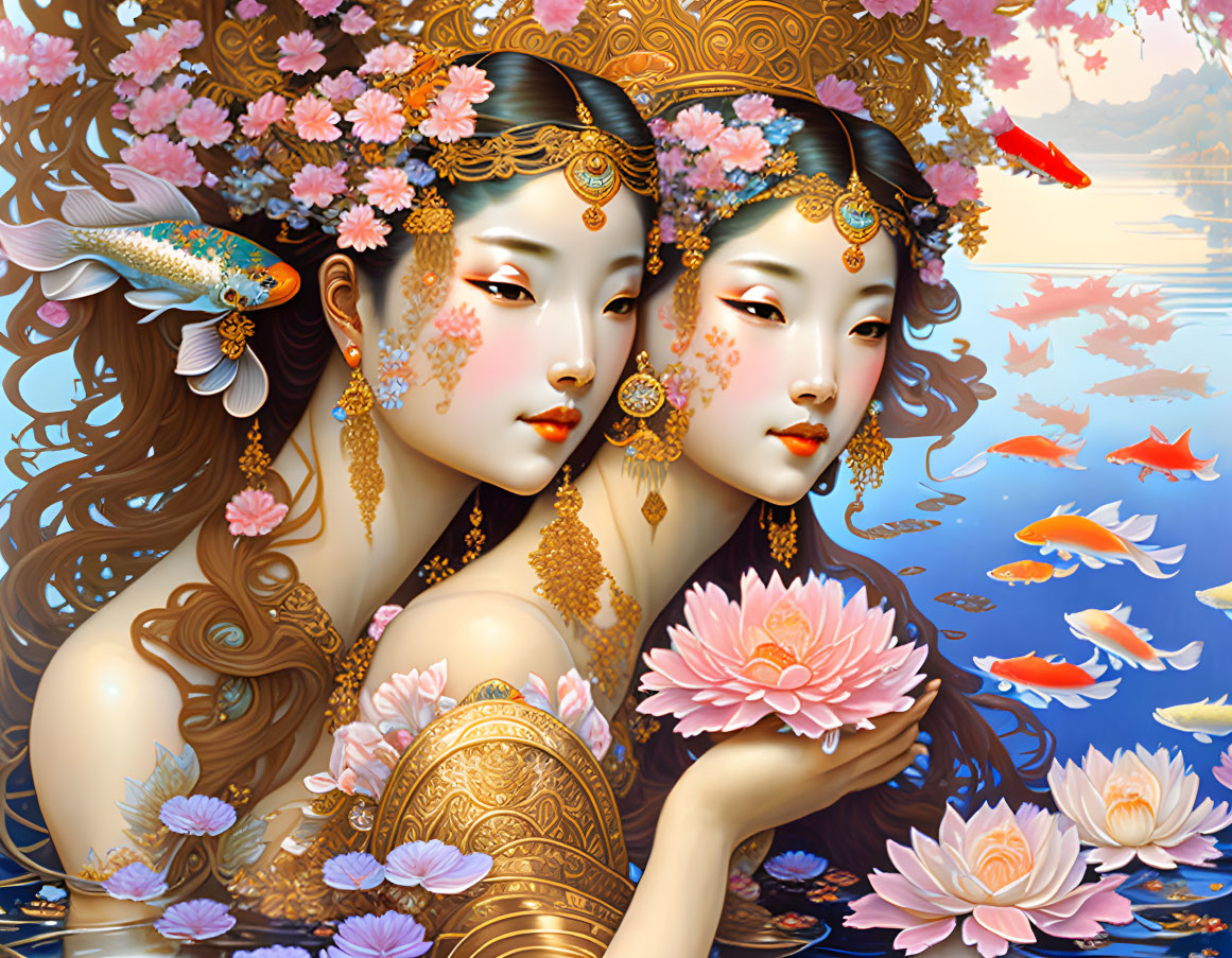 Two Elegant Women with Floral Hairstyles Surrounded by Koi Fish and Lotus Blossoms