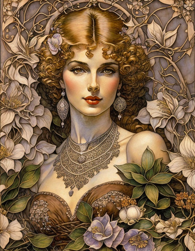 Art Nouveau Style Portrait of Woman with Brown Hair and Floral Adornments