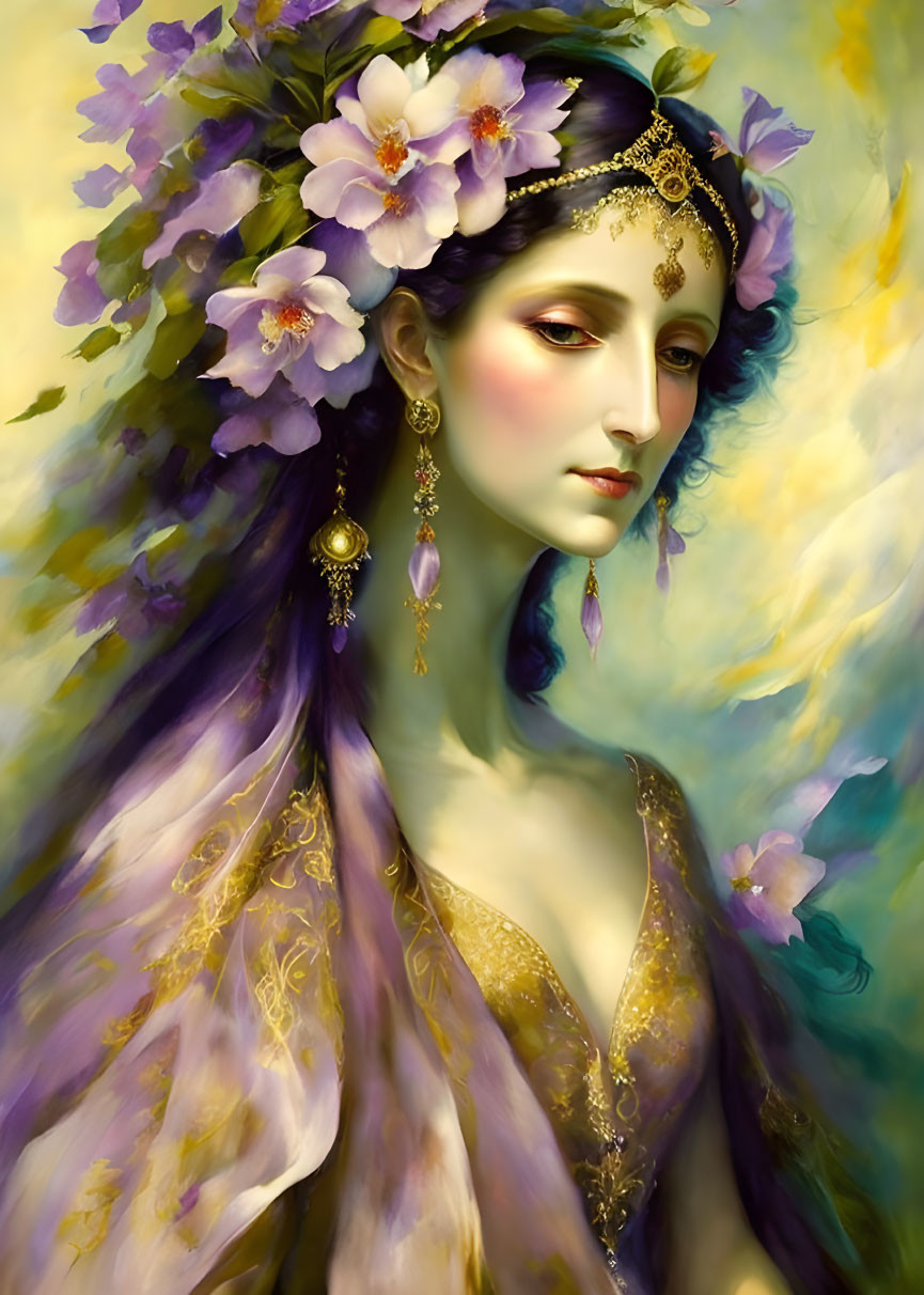 Elegant woman with floral headpiece and purple garment on soft yellow background