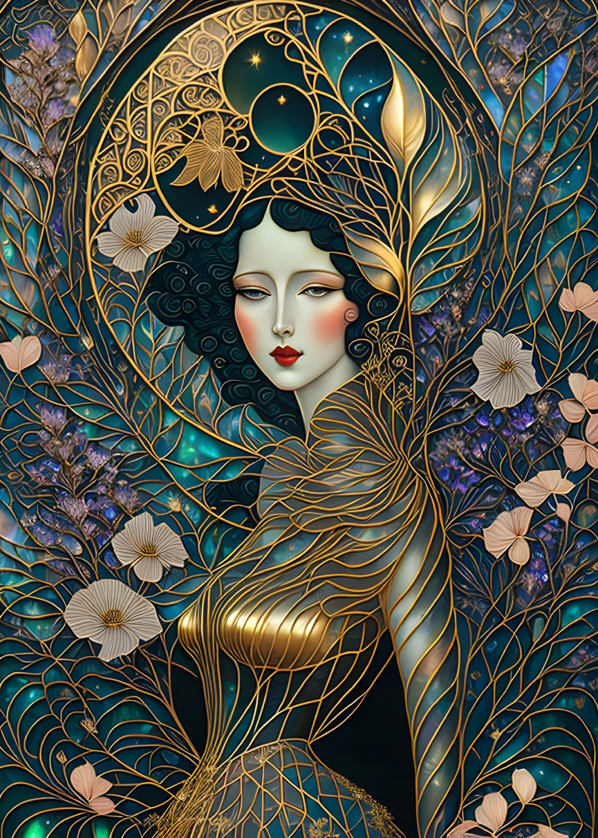 Art Nouveau Style Illustration of Woman with Pale Skin and Dark Hair