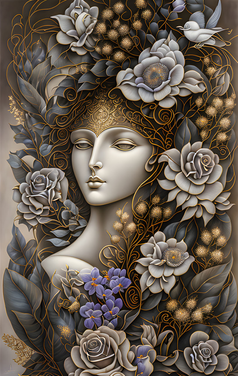 Detailed portrait of a woman with floral headdress in gold, white, and grey tones