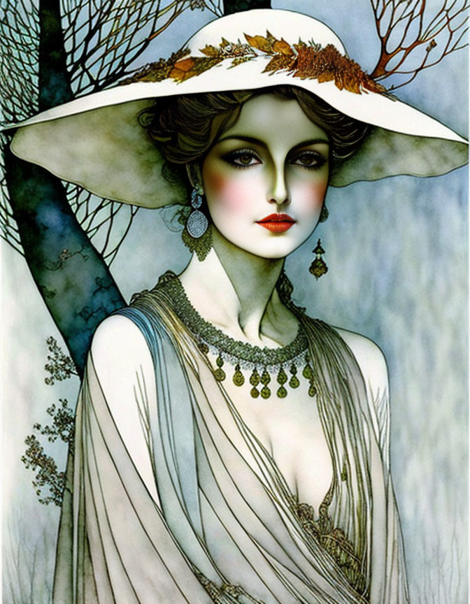 Pale-skinned woman with red lips in white hat, beige gown, green jewelry.