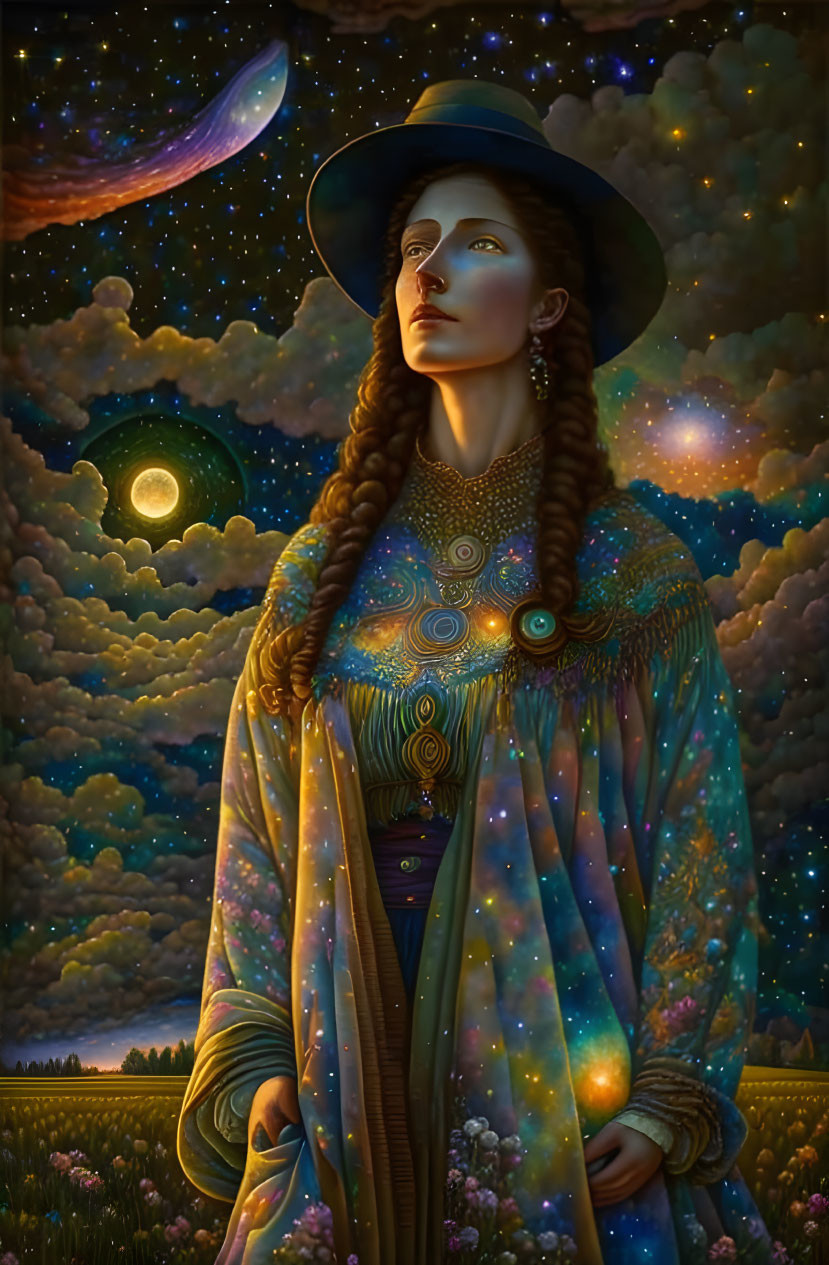 Mystical woman in star-patterned cloak under night sky