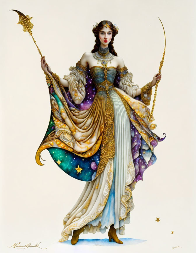 Celestial-inspired woman in ornate gown with stars, galaxies, scepter, bow, and crown